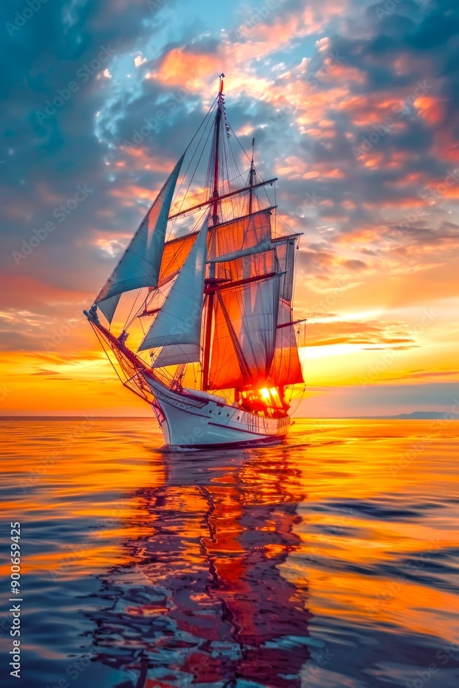 Fototapeta premium Sunset on the sea with a large sailing ship. Ideal for travel brochures, maritime themes, and adventure concepts. Aesthetic photograph with glowing sky and reflective water. AI