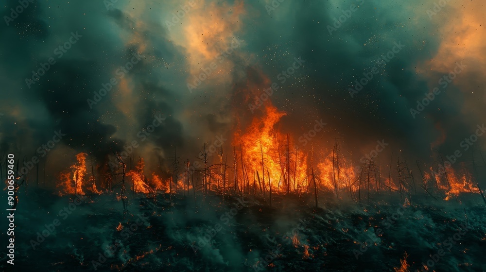 A dramatic scene of wildfire engulfing a forest, showcasing flames and dark smoke amidst a smoky sky. A dramatic scene of wildfire engulfing a forest, showcasing flames and dark smoke amidst a smoky sky.