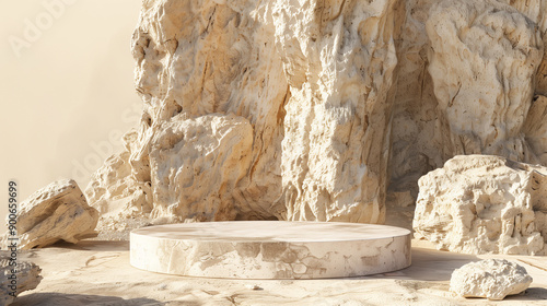 A round stone podium in a sandy, desert-like setting, surrounded by rugged beige rock formations illuminated by sunlight.
