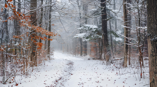 A picturesque winter trail winding through snowy woods, captured in a natural and raw style. photo