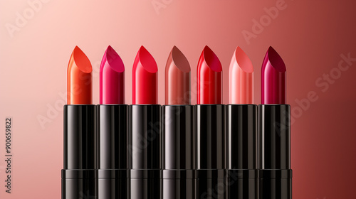 Seven lipsticks in vibrant shades, arranged in a row against a pink gradient background. Colors include orange, pink, red, nude, coral, and magenta, each in a black tube with a glossy finish. photo