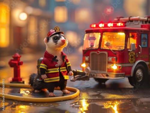 Toy firefighter dog heroically standing with fire truck in city background
