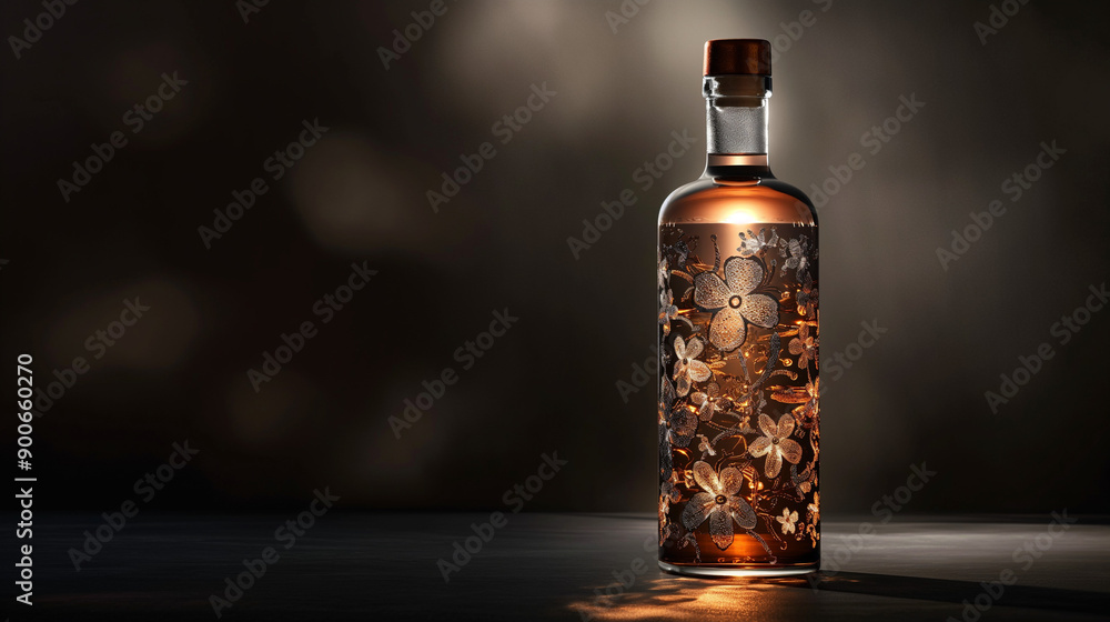 Product photography of a glass bottle with a label design, on a dark background, with studio lighting Product photography of a glass bottle with a label design, on a dark background, with studio lighting