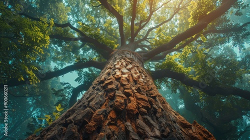 Majestic tree viewed from below, showcasing its textured bark and lush green leaves, with sunlight filtering through the canopy. photo