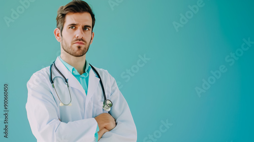  A doctor wearing a stethoscope, standing against a light blue background with ample copy space. The image highlights the medical professional in a clean, minimalistic setting.