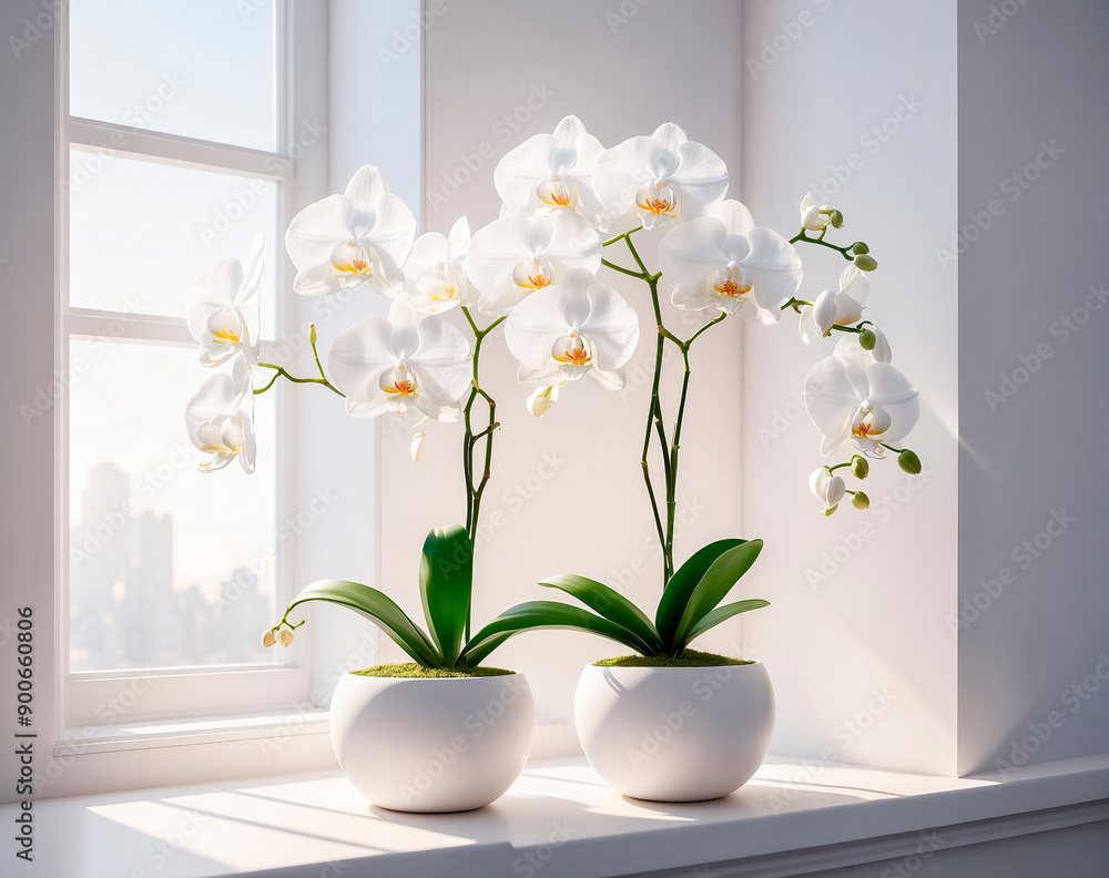 Blooming white orchids on the window Blooming white orchids on the window