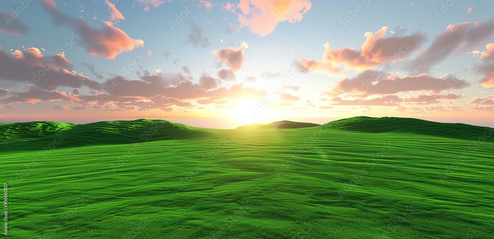 Fototapeta premium A wide, green lawn and blue clouds and sunlight