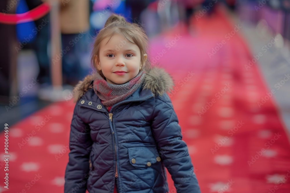 Cute little girl smiling on a red carpet with blurred background, looking like a young star Cute little girl smiling on a red carpet with blurred background, looking like a young star
