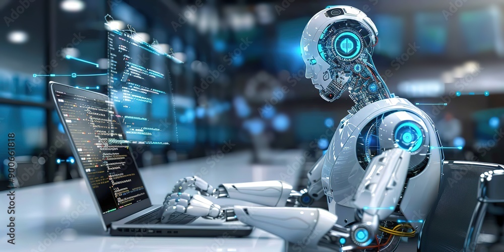 Illustration of a robot working on a laptop using advanced technology Illustration of a robot working on a laptop using advanced technology