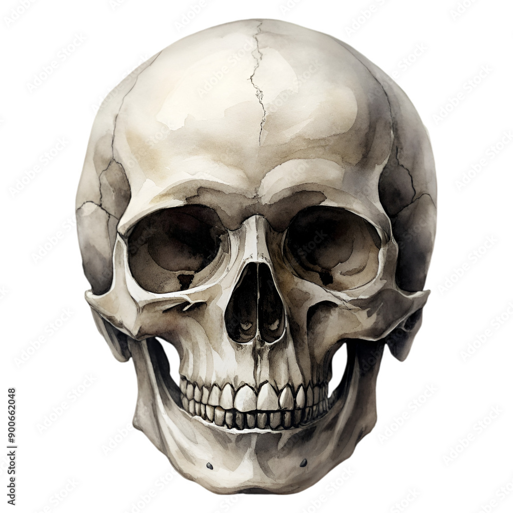 Obraz premium A skull with a smile on it. The skull is painted in watercolor and has a happy expression