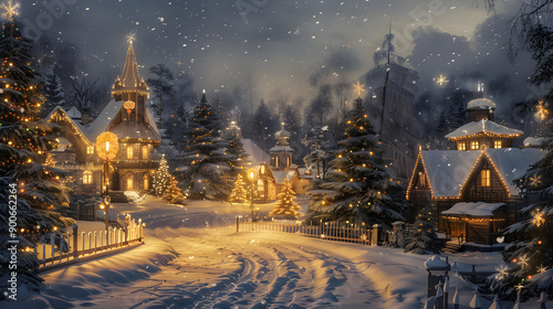 A peaceful snowy village glows with Christmas lights in a vintage raw style photograph.