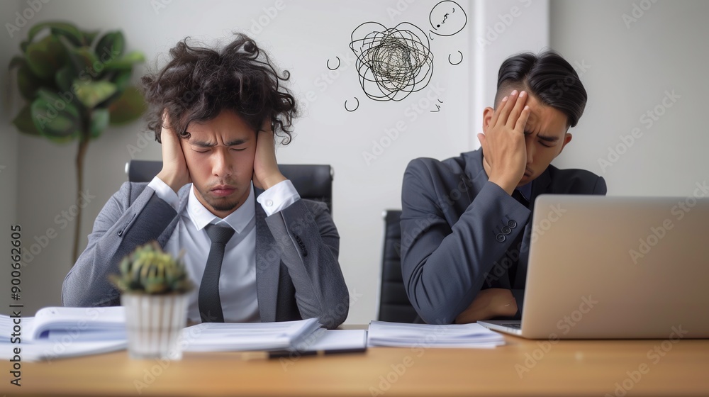 Businessmans Working at Office, Feeling Sad and Stressed, Sick and Headache Businessmans Working at Office, Feeling Sad and Stressed, Sick and Headache