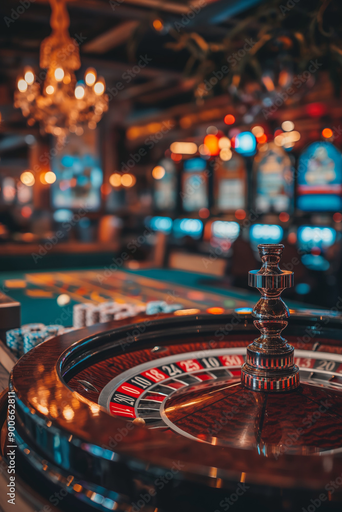 Luxury Casino Interior with Roulette Table and Slot Machines in Warm Lighting Luxury Casino Interior with Roulette Table and Slot Machines in Warm Lighting