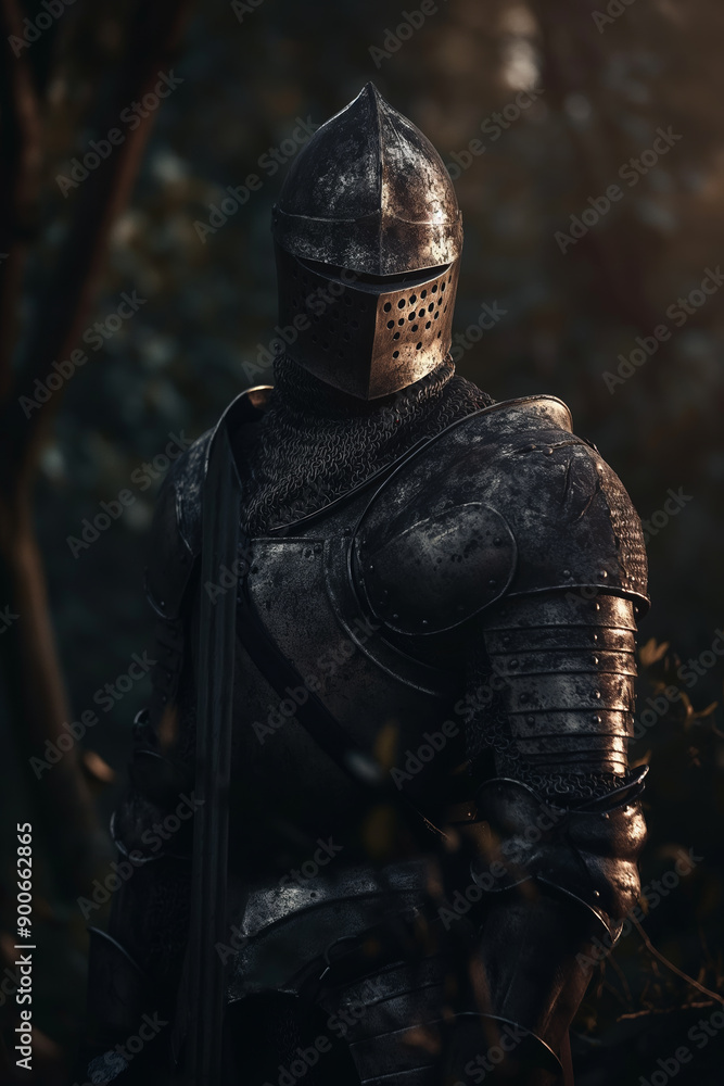 Medieval Knight in Armor Standing in Dark Forest Historical Warfare Concept Medieval Knight in Armor Standing in Dark Forest Historical Warfare Concept