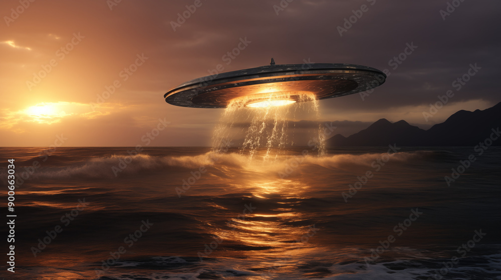 UFO Hovering Over Ocean at Sunset with Waterfall Effect and Dramatic Sky in Background UFO Hovering Over Ocean at Sunset with Waterfall Effect and Dramatic Sky in Background