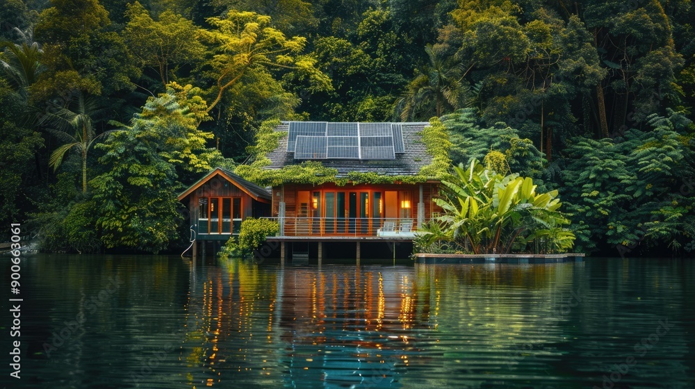 Obraz premium A scenic house on a pond, surrounded by lush greenery and solar cells, illustrating the integration of renewable energy in a picturesque setting.