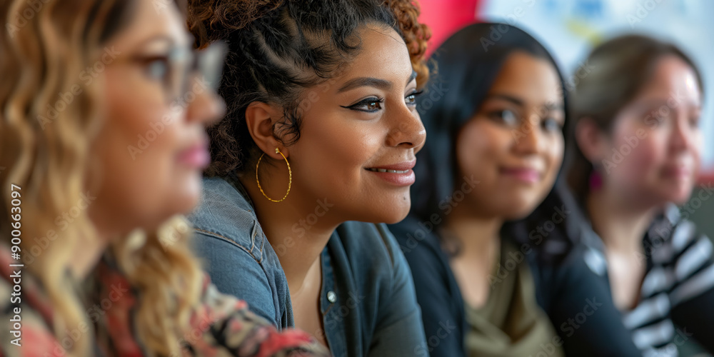 Diverse Group of Women Smiling During Meeting, Engaged in Conversation Diverse Group of Women Smiling During Meeting, Engaged in Conversation