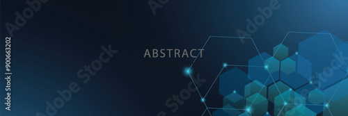 Dark gray and blue horizontal hexagonal technology abstract vector background. Red bright energy flashes under the hexagon in a wide banner of futuristic modern technology. vector