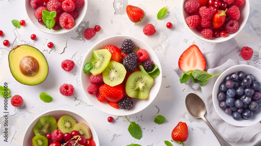 A colorful fruit salad featuring a variety of delicious fruits and berries beautifully arranged on a plate, captured from a top view perspective on a table.
A colorful fruit salad featuring a variety of delicious fruits and berries beautifully arranged on a plate, captured from a top view perspective on a table.