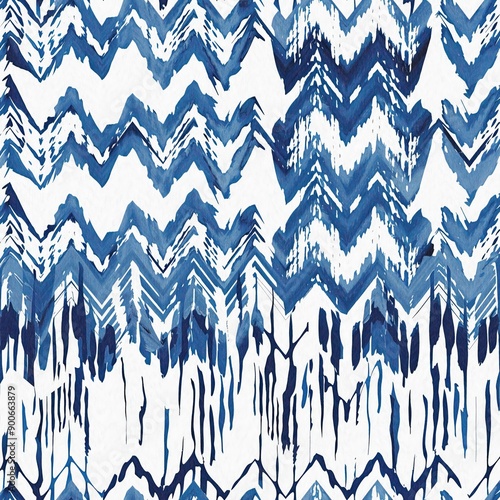 Summery ikat zig zag pattern in painterly brushstroke digital design. Modern coastal living printed chevron textile decor in seamless all over template.  photo