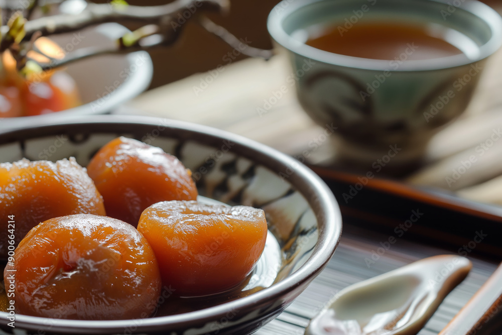 Delicious Slow Cooked Sweet Persimmons in Syrup with Traditional Tea on Wooden Table Delicious Slow Cooked Sweet Persimmons in Syrup with Traditional Tea on Wooden Table