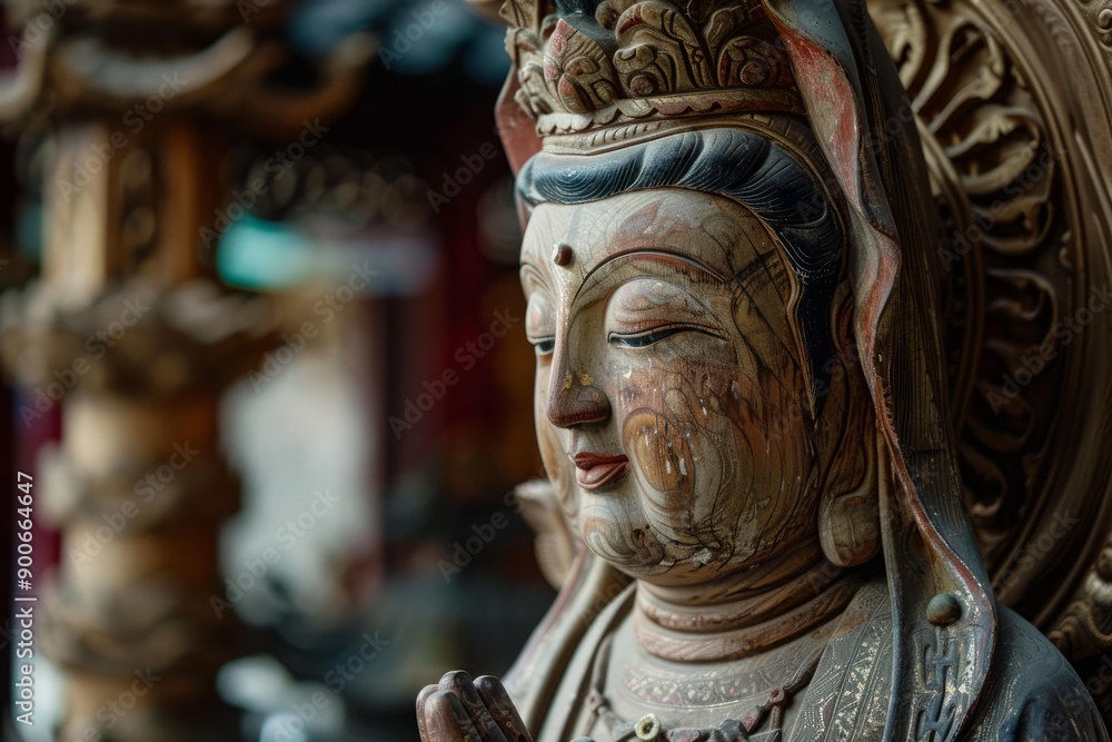 Detailed carving of a serene buddha statue with intricate designs in a temple setting Detailed carving of a serene buddha statue with intricate designs in a temple setting