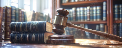 A book and a court gavel on a wooden table in a room with a bookshelf in the background photo