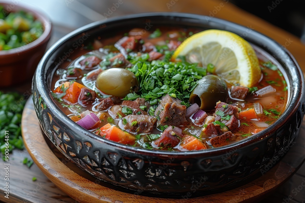 A bowl of solyanka, a hearty soup with a variety of meats, olives, pickles, and a slice of lemon on top. A bowl of solyanka, a hearty soup with a variety of meats, olives, pickles, and a slice of lemon on top.