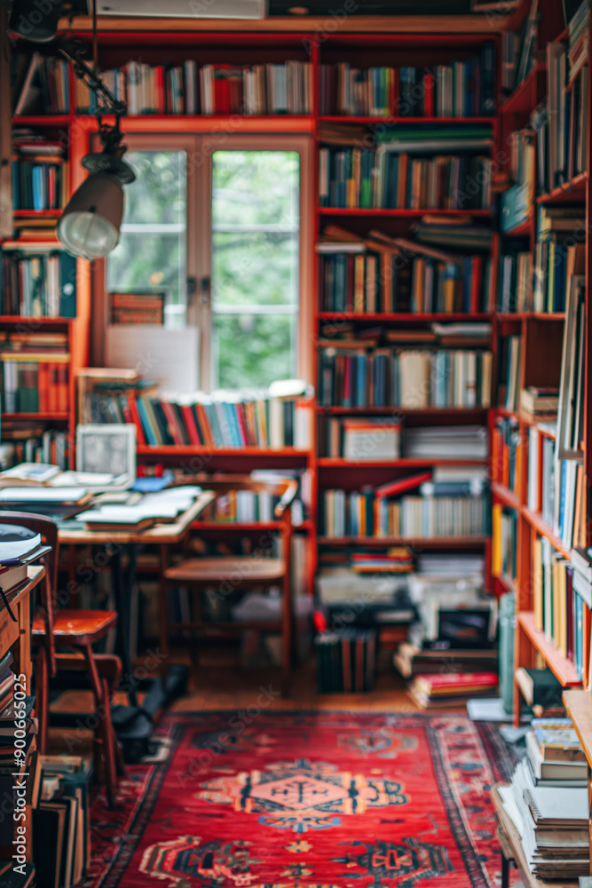 Cozy Home Library with Bookshelves, Wooden Desk and Red Rug in a Well Lit Room Cozy Home Library with Bookshelves, Wooden Desk and Red Rug in a Well Lit Room