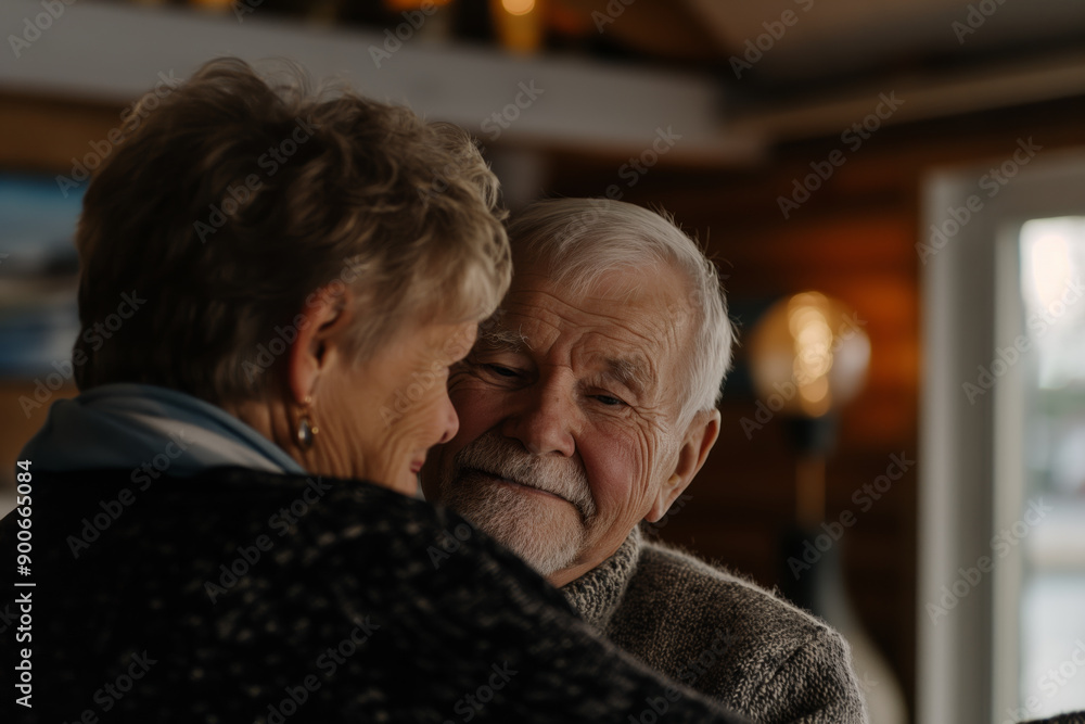 Senior Couple Embracing in Cozy Home, Warm and Intimate Moment Captured Senior Couple Embracing in Cozy Home, Warm and Intimate Moment Captured