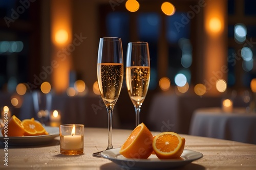 two glasses of champagne on the table with bokeh lights  photo