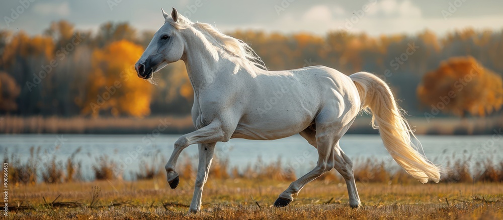 White Horse Running Through Autumn Landscape White Horse Running Through Autumn Landscape