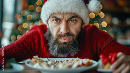 Bearded man in Santa hat with a serious expression at a Christmas dinner. photo