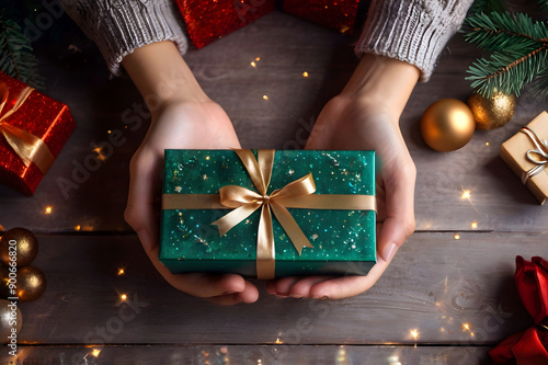 Female hands holding christmas gift box on wooden background with dcorations, giving a present, top view. Festive, magic new year background, winter holidays greeting postcard.
 photo