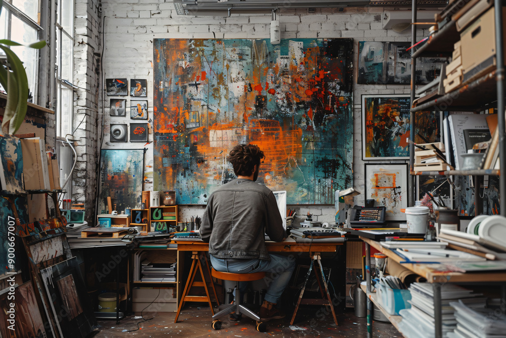 Naklejka premium Artist Immersed in Creativity in a Modern Loft Studio, Surrounded by Abstract Paintings and Art Supplies, Capturing the Essence of Urban Artistic Passion and Innovation