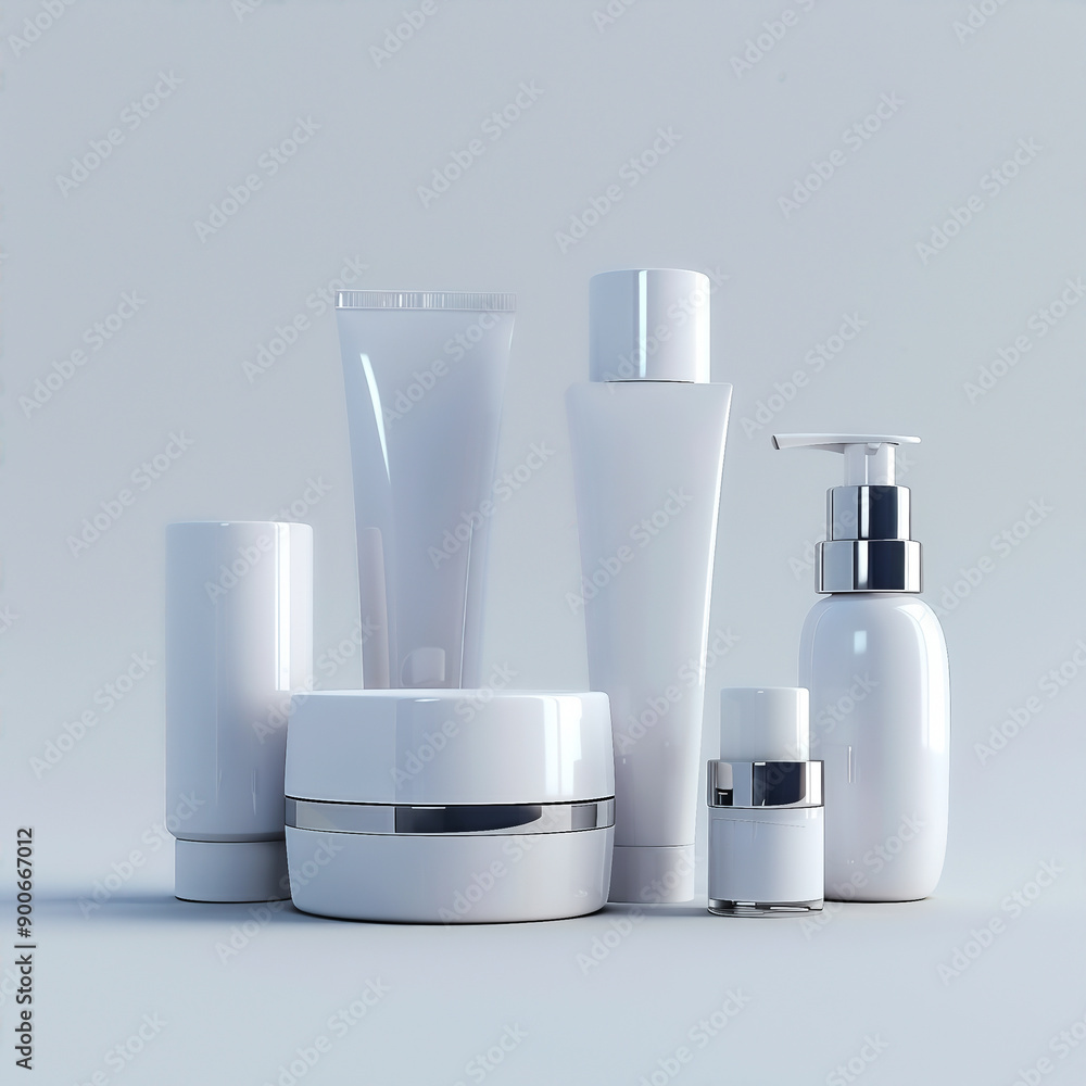 A minimalist arrangement of white skincare and cosmetic product containers, including jars, tubes, and pump bottles on a neutral background. high quality. A minimalist arrangement of white skincare and cosmetic product containers, including jars, tubes, and pump bottles on a neutral background. high quality.