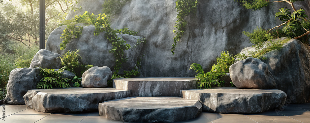 Rock podium stone forest background product 3D platform pedestal flat. Stone round rock podium display render green gray stand abstract wild nature space stage mockup cosmetic outdoor empty scene Rock podium stone forest background product 3D platform pedestal flat. Stone round rock podium display render green gray stand abstract wild nature space stage mockup cosmetic outdoor empty scene