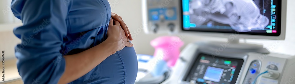 Pregnant woman at ultrasound appointment, showcasing the bond between mother and child, with advanced medical technology in background. Pregnant woman at ultrasound appointment, showcasing the bond between mother and child, with advanced medical technology in background.