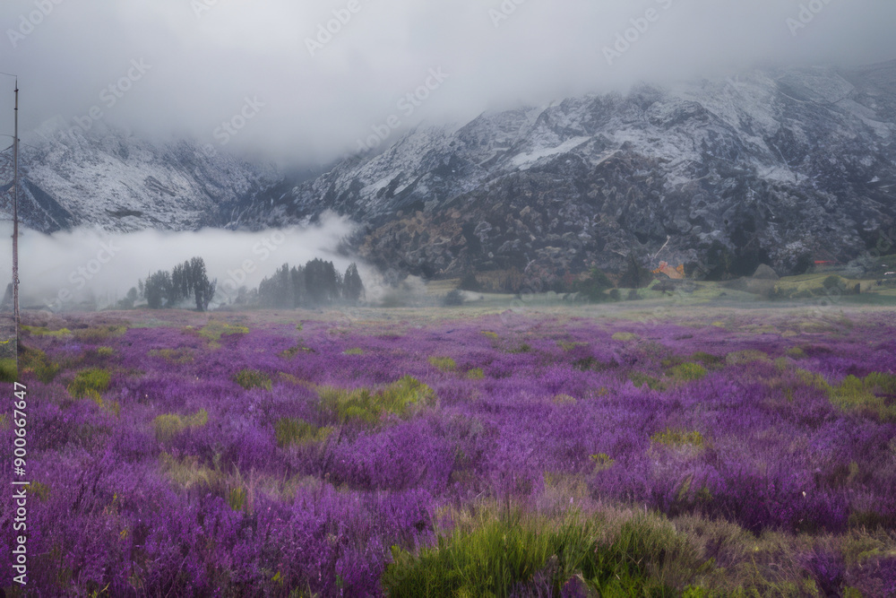 Purple Haze in a Snowy Mountain Valley: A carpet of purple wildflowers blankets a valley floor, the air thick with mist as snow-dusted peaks loom in the background. 