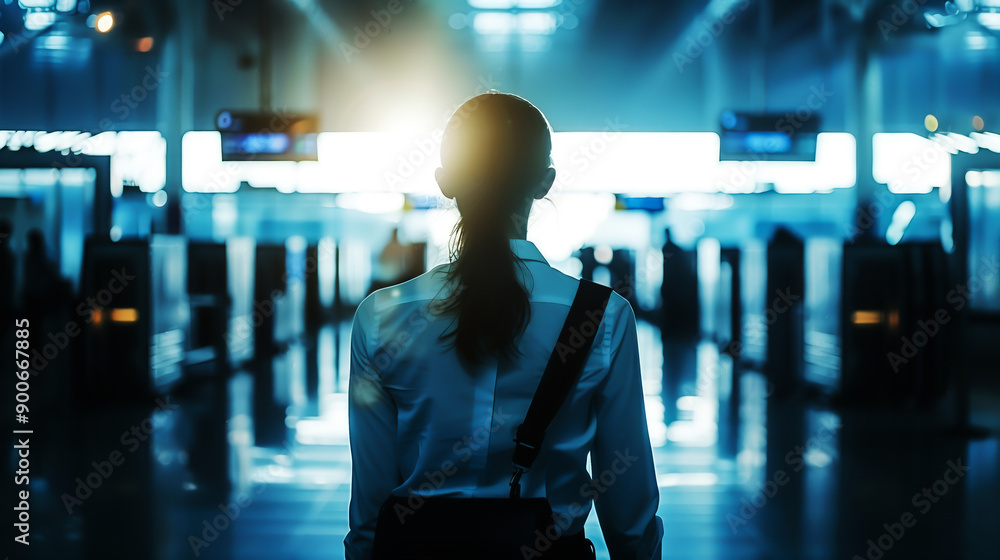 A woman stands in a modern airport terminal under dramatic lighting, facing a row of ticket gates with a futuristic ambiance. high quality. A woman stands in a modern airport terminal under dramatic lighting, facing a row of ticket gates with a futuristic ambiance. high quality.