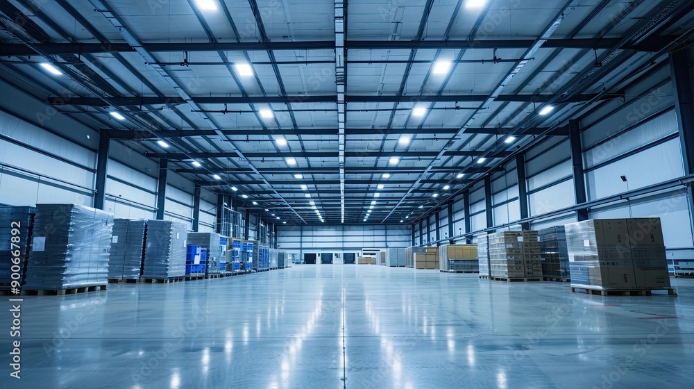 A large warehouse with numerous items. Rows of shelves with boxes. Logistics. Inventory control, order fulfillment or space optimization. Illustration for advertising, marketing or presentation. A large warehouse with numerous items. Rows of shelves with boxes. Logistics. Inventory control, order fulfillment or space optimization. Illustration for advertising, marketing or presentation.