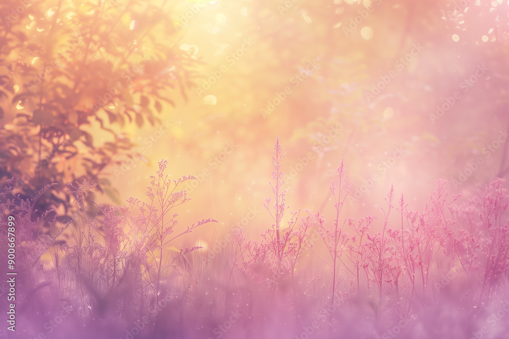 Fototapeta premium An abstract floral background with bokeh featuring Golden Yellow, Warm Pink, and Soft Purple. Clean composition and vibrant color palette, perfect for modern designs.
