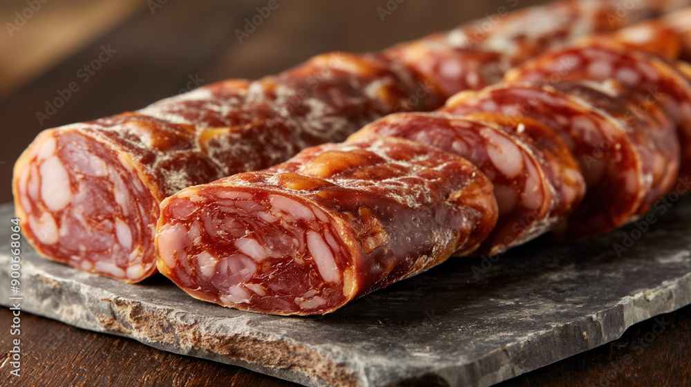 Slices of cured salami arranged neatly on a slate board, showcasing the marbled texture and rich color of the meat, creating a rustic and appetizing display. Slices of cured salami arranged neatly on a slate board, showcasing the marbled texture and rich color of the meat, creating a rustic and appetizing display.