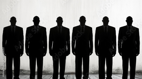 Silhouettes of six men in suits standing in a row against a bright background, creating a dramatic and mysterious scene with a sense of unity and formality. photo