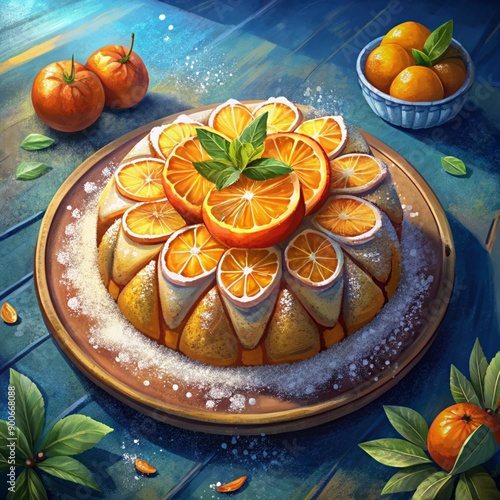 Moroccan Meskouta Orange Cake with powdered sugar close-up on a plate on the table. Vertical photo