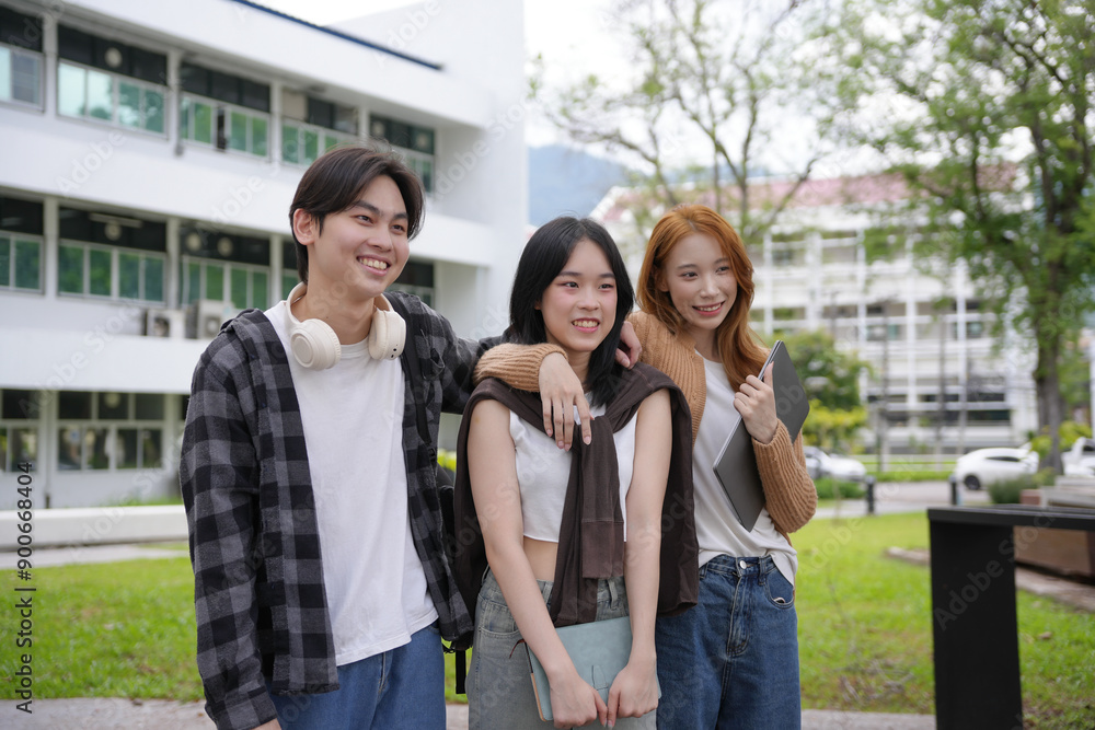 Three cheerful asian students standing together on a campus lawn, enjoying their time at university Three cheerful asian students standing together on a campus lawn, enjoying their time at university