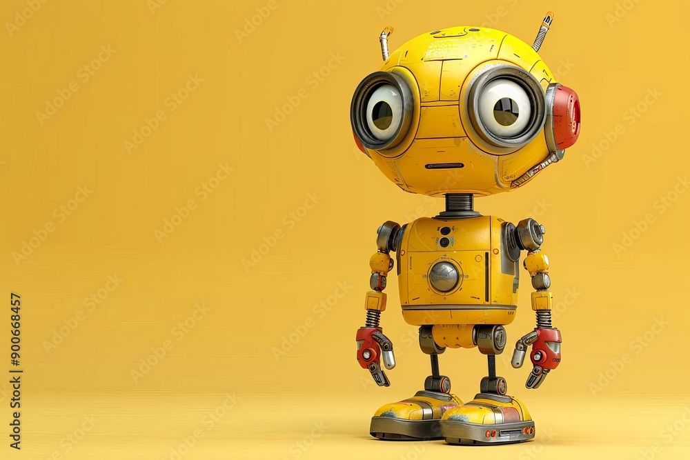 Yellow robot with big eyes standing on a yellow background Yellow robot with big eyes standing on a yellow background