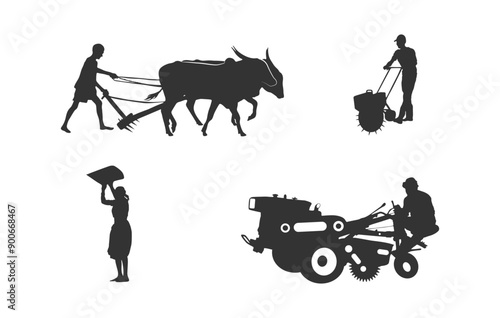 Farmers works in field svg, Farmer working svg, Farmer with vehicle silhouettes, Agriculture farmer silhouette, Agriculture farmer svg, Farmer with vehicle svg.