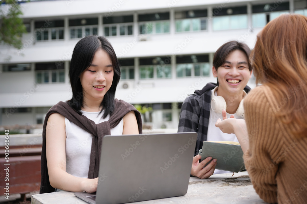 Group of asian students are studying together using laptop and discussing about their project in university Group of asian students are studying together using laptop and discussing about their project in university