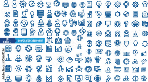 Corporate development icon collection set. Containing planning, execution, strategies, organizational,management,recruitment, markets products, Business,teamwork, suppliers icon.Simple flat vector.